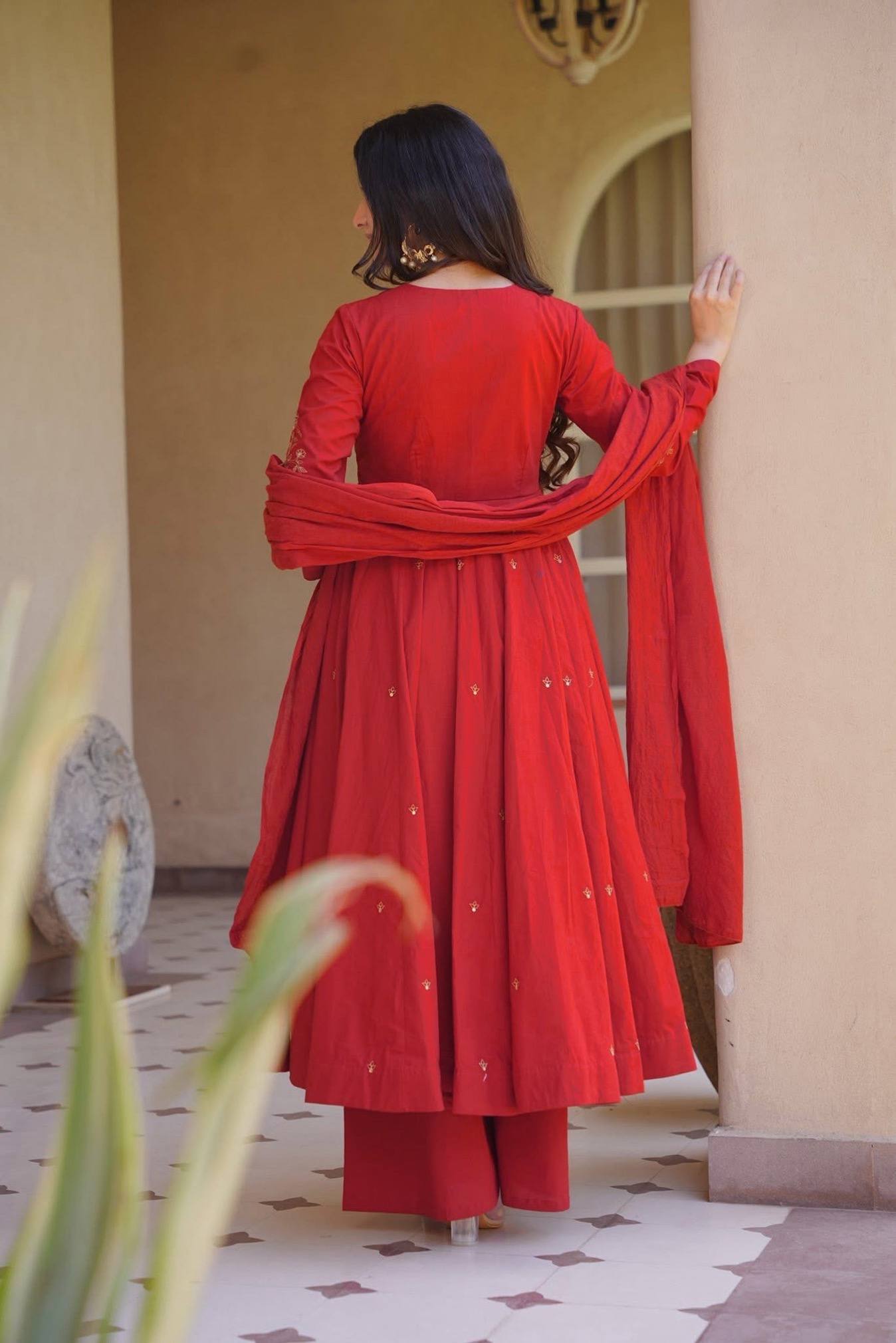 Rich Magenta Maroon Flared Anarkali Suit Set Adorned with Delicate Scattered Floral Embroidery and an Elegant V-Neckline